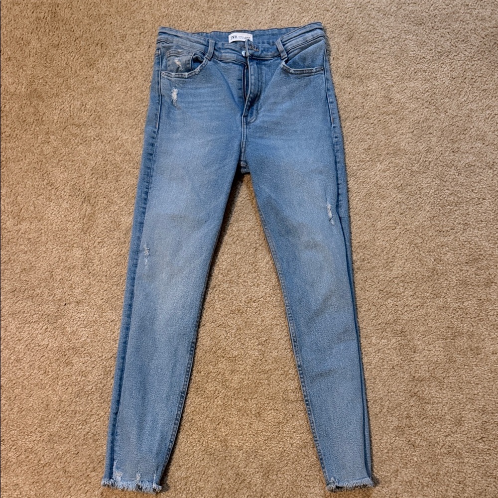 Zara Light Blue Skinny Jeans with Frayed Hem